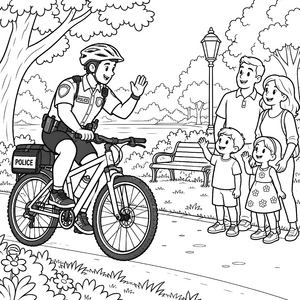 Freundlicher Polizist auf dem Fahrrad Ausmalbild für junge Entdecker