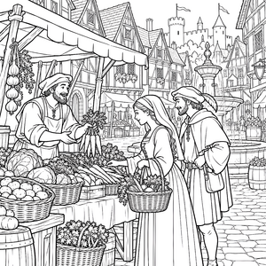 Lebhafter Marktplatz mit Gemüsestand Malvorlage für kleine Weltenbummler