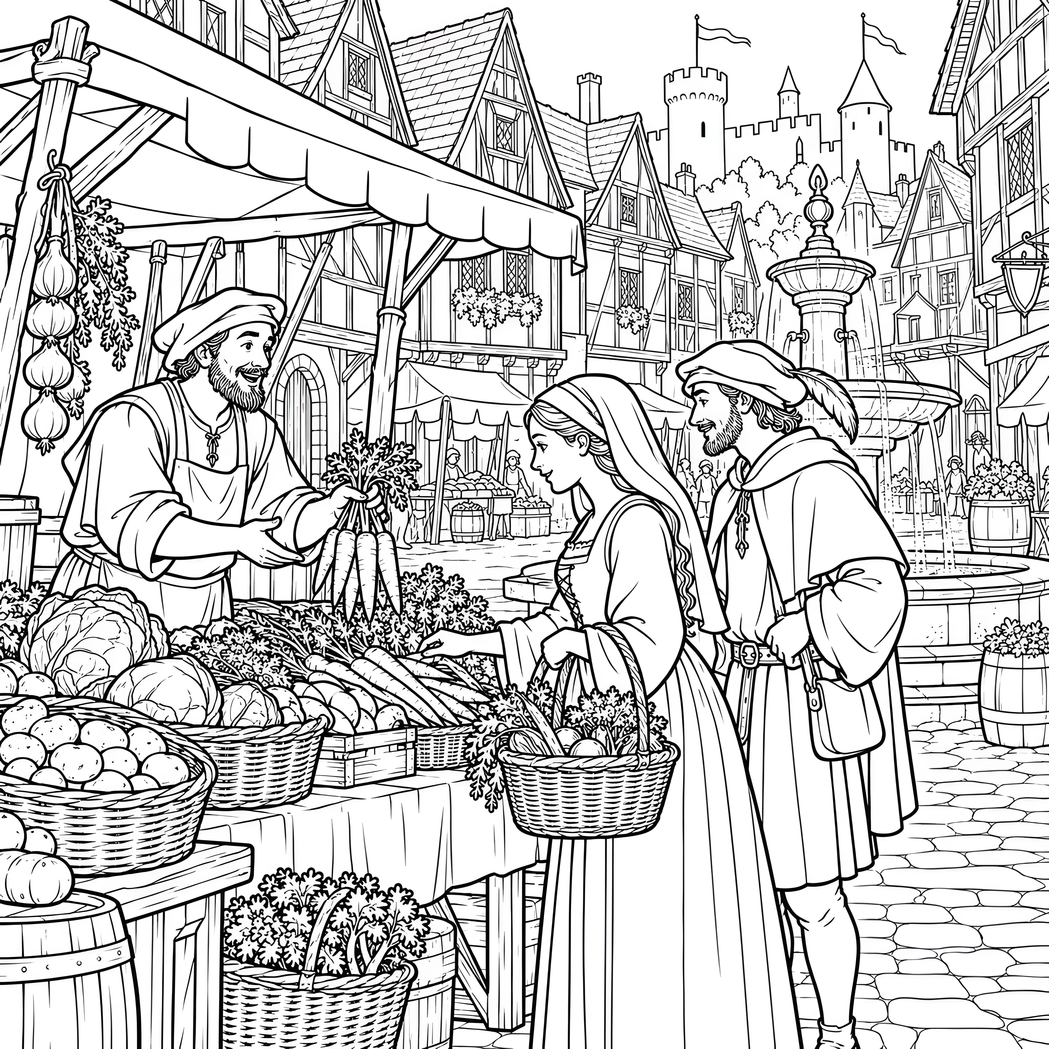 Lebhafter Marktplatz mit Gemüsestand Malvorlage für kleine Weltenbummler