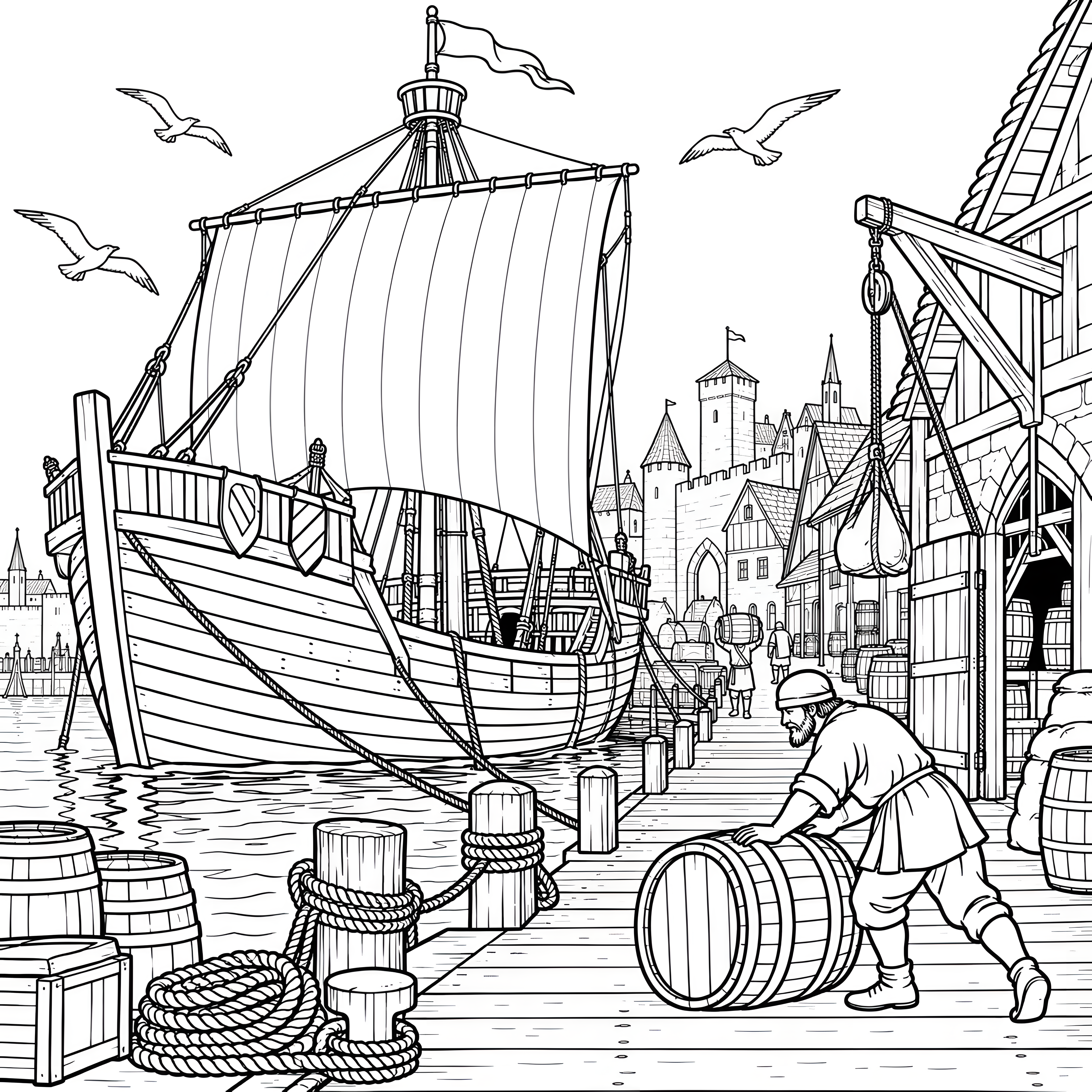 Mächtiges Segelschiff im Hafen Ausmalbild für kleine Seebären