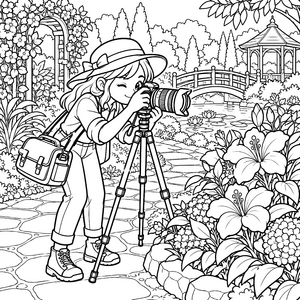 Neugierige Fotografin mit Stativ Ausmalbild für kleine Abenteurer