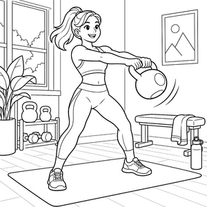 Sportliche Frau mit Kettlebell Ausmalbild für malfreudige Athleten