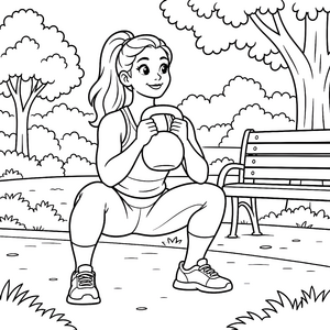 Sportliche Frau mit Kettlebell im Park Ausmalvorlage für kleine Abenteurer