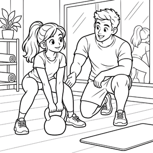 Motivierte Sportlerin mit Kettlebell Ausmalbild für kreative Sportkanonen