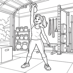Starke Sportlerin mit Kettlebell im Fitnessstudio Ausmalvorlage für fröhliche Kraftpakete