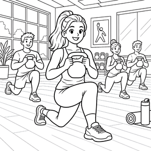 Motivierte Gruppe mit Kettlebells Ausmalvorlage für fröhliche Sportskanonen