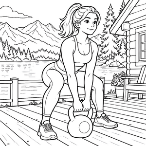Kraftvolle Sportlerin mit Kettlebell auf der Terrasse Ausmalvorlage für malfreudige Powerfans