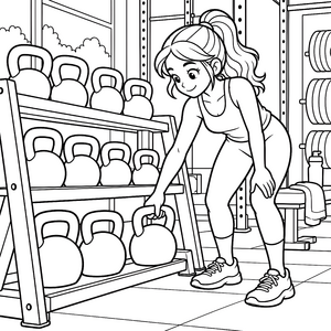 Eifriges Mädchen mit Kettlebells Ausmalvorlage für kleine Tüftler