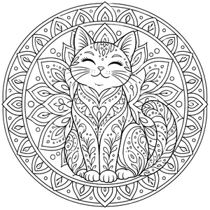 Lächelnde Katzenmandala mit Herzmotiv Ausmalvorlage für fröhliche Bastler