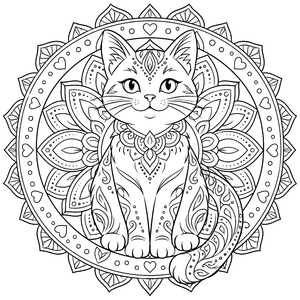 Friedliches Katzenmandala mit Herzornamenten Malvorlage für kreative Naturfreunde
