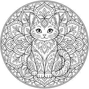 Sanfte Katzenmandala mit Blattornamenten Ausmalvorlage für kreative Künstler