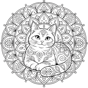 Sanfte Katzenmandala mit floralen Mustern Malbild für Tierfreunde