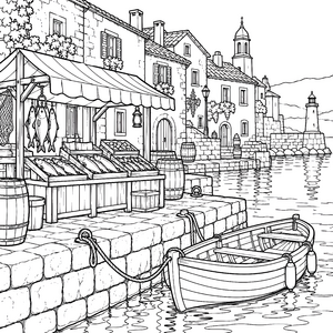 Idyllischer Fischmarkt am Hafen Malbild für malfreudige Wasserratten