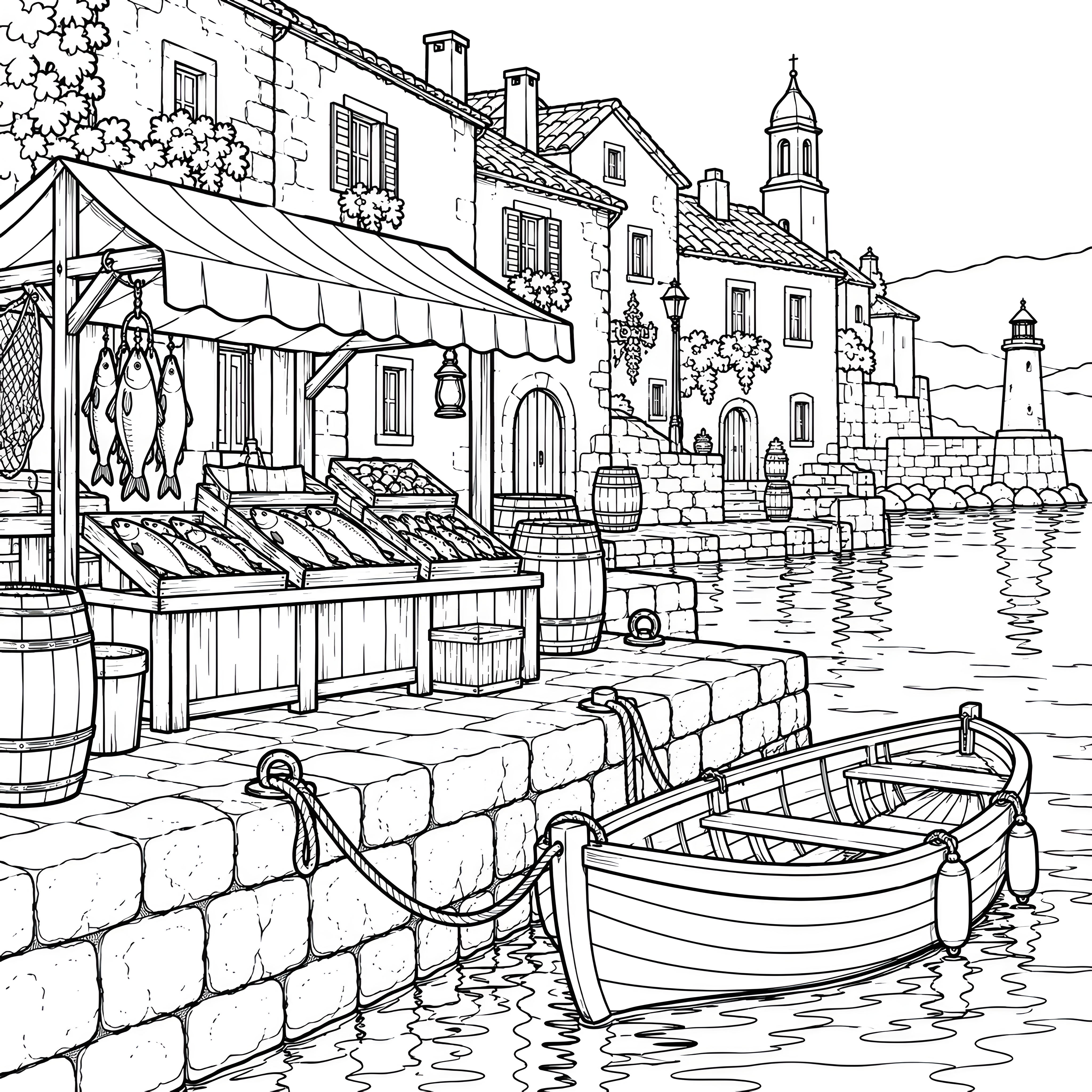 Idyllischer Fischmarkt am Hafen Malbild für malfreudige Wasserratten