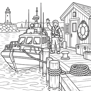 Freundlicher Rettungsschwimmer am Boot Ausmalbild für kleine Wasserratten