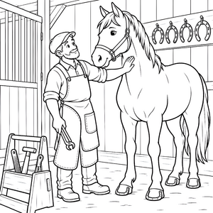 Zärtlicher Hufschmied mit Pferd im Stall Ausmalbild für fröhliche Tierfreunde