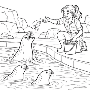 Fröhliche Tierpflegerin mit Robben und Fischbucket Ausmalbild für neugierige Wasserratten
