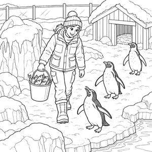 Aufmerksamer Tierpfleger mit Pinguinen und Fischkorb Malvorlage für fröhliche Wasserratten