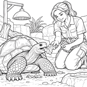 Liebevolle Tierpflegerin mit Riesenschildkröte und Salat Malvorlage für kleine Naturfreunde