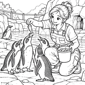 Freundliche Tierpflegerin mit Pinguinen und Fischfutter Ausmalvorlage für junge Weltenbummler