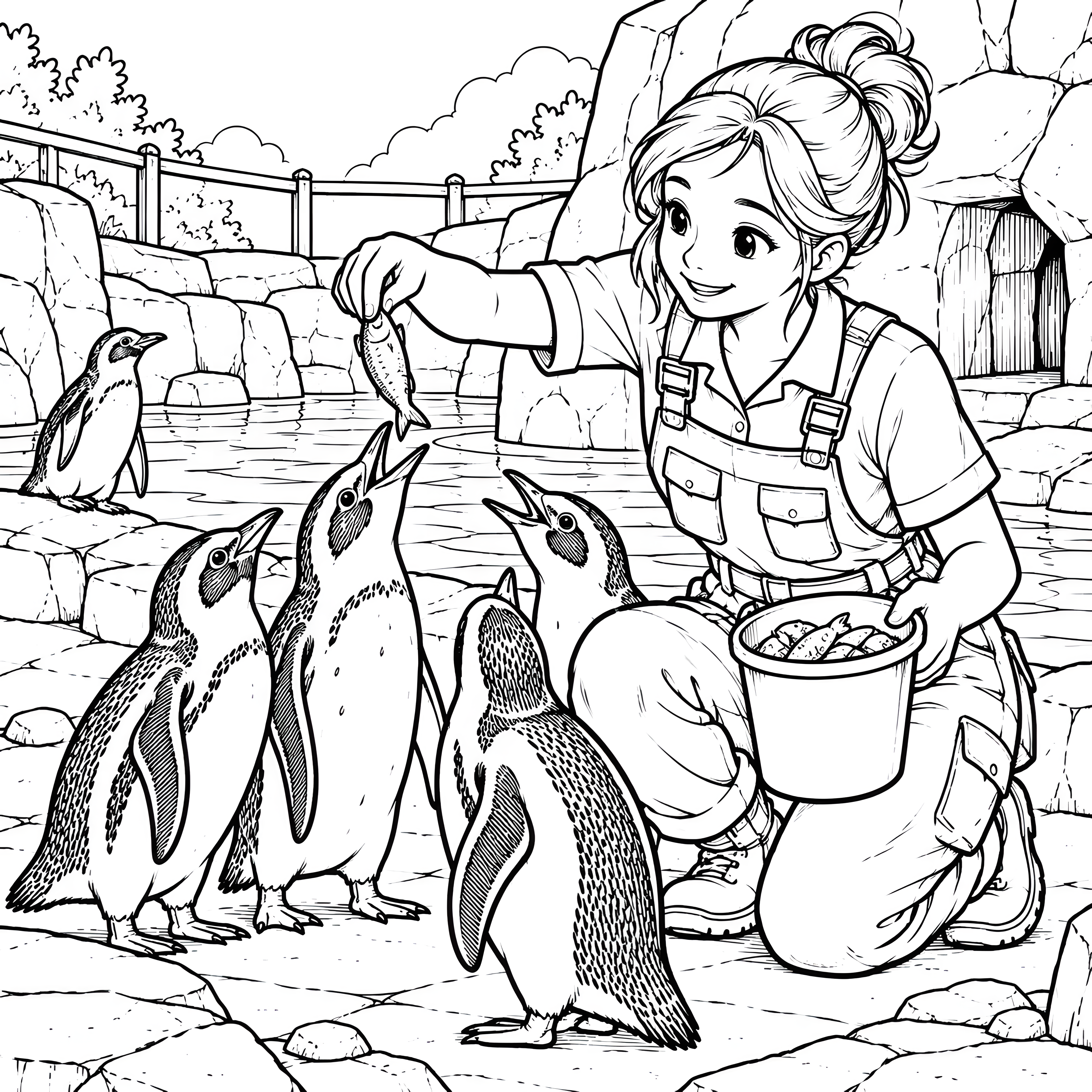 Freundliche Tierpflegerin mit Pinguinen und Fischfutter Ausmalvorlage für junge Weltenbummler