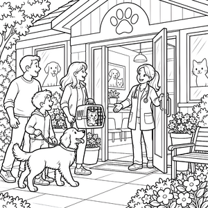 Herzliche Tierarztpraxis mit Familie und Hund Malvorlage für verträumte Tierfreunde