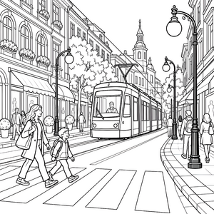 Belebte Straße mit Straßenbahn Malvorlage für kleine Weltenbummler