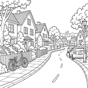 Idyllische Straße mit Fahrrad und Autos Ausmalvorlage für kleine Abenteurer