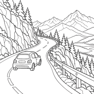 Wunderschöne Bergstraße mit Auto Malbild für verträumte Weltenbummler