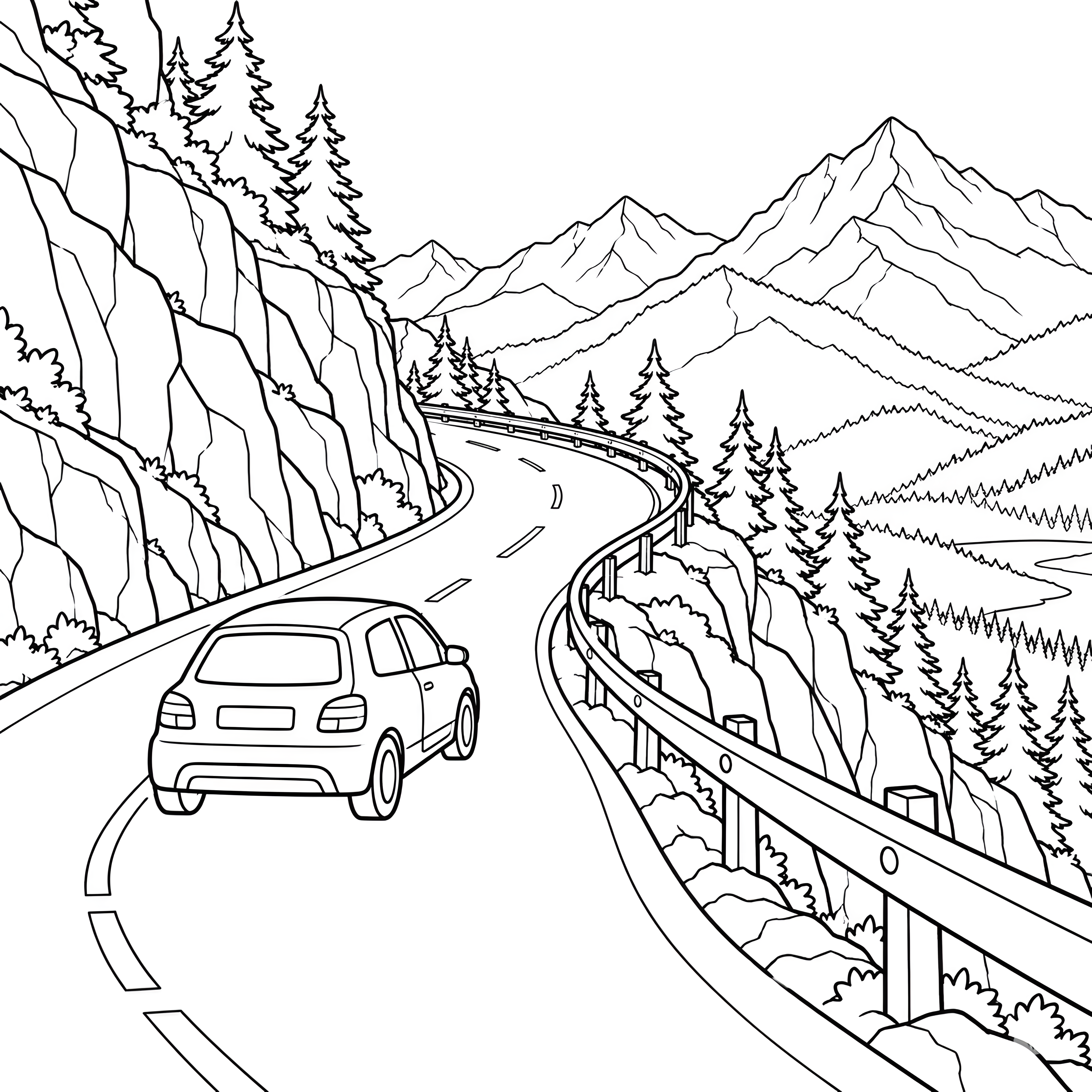 Wunderschöne Bergstraße mit Auto Malbild für verträumte Weltenbummler