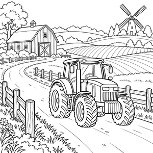Ländliche Straße mit Traktor und Windmühle Ausmalvorlage für fröhliche Landratten