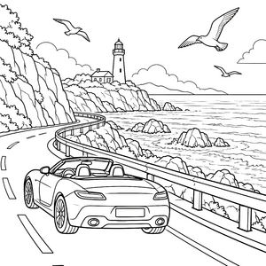 Küstenstraße mit Leuchtturm und Cabrio Ausmalvorlage für malfreudige Autofans