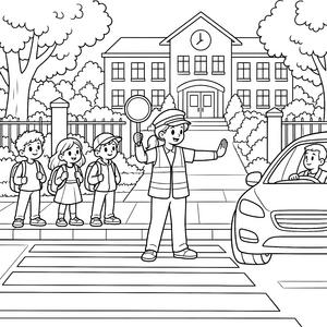 Sichere Schule mit Schulwegbegleiterin Ausmalvorlage für malfreudige Spürnasen