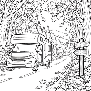Abenteuerliche Waldstraße mit Wohnmobil Malbild für mutige Weltenbummler