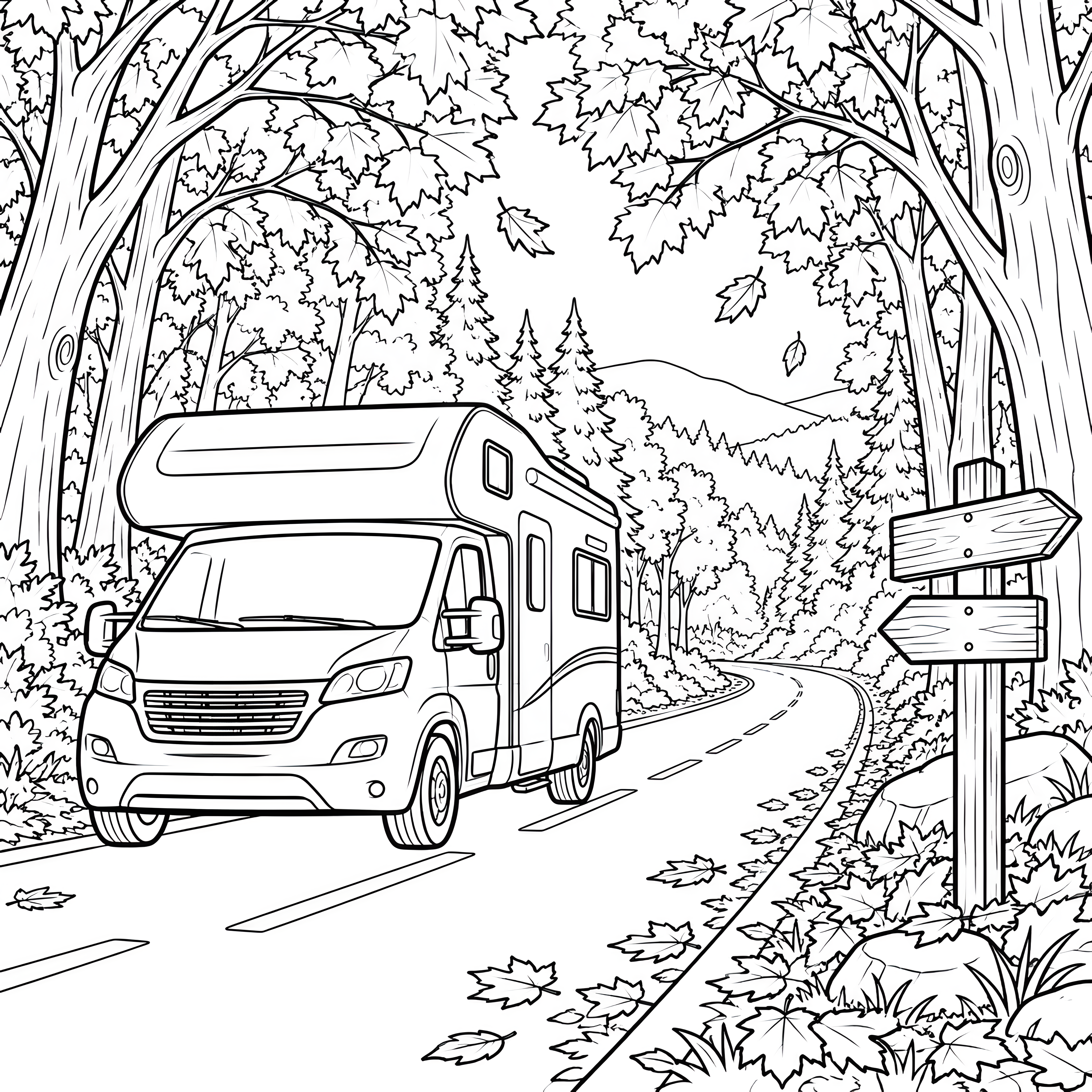 Abenteuerliche Waldstraße mit Wohnmobil Malbild für mutige Weltenbummler