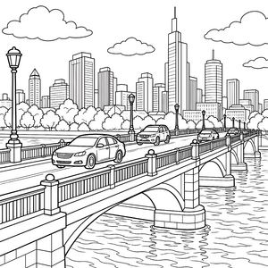 Moderne Brücke mit Autos und Skyline Malvorlage für mutige Autofans