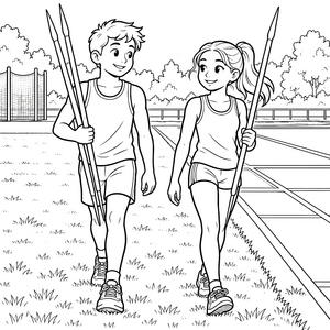 Sportliche Kinder mit Speeren Malbild für kreative Bewegungstalente