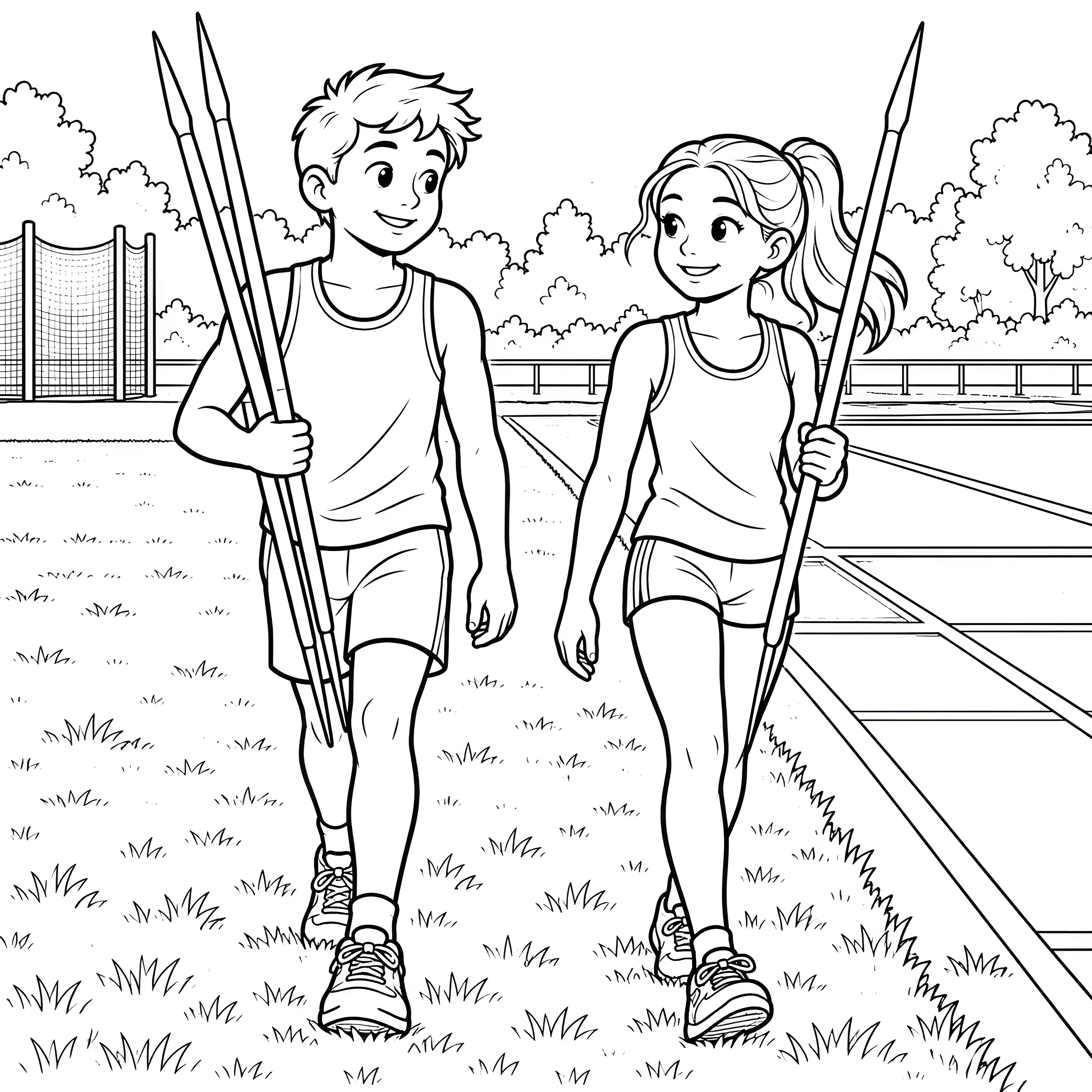 Sportliche Kinder mit Speeren Malbild für kreative Bewegungstalente