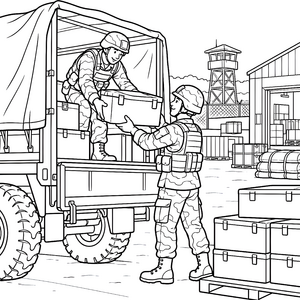 Tatkräftige Soldaten beim Beladen Malvorlage für kleine Logistikfans