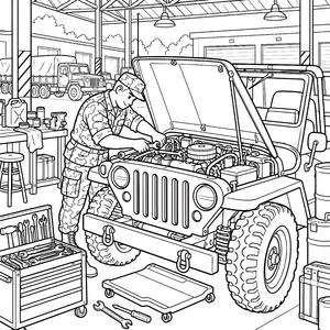 Geschickter Soldat am Geländewagen Ausmalbild für junge Bastler