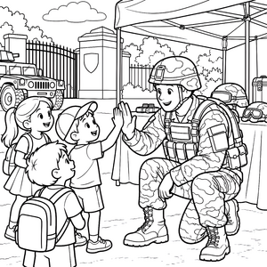 Freundlicher Soldat beim High Five Ausmalbild für fröhliche Abenteurer