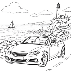 Glückliches Cabrio am Leuchtturm Malvorlage für malfreudige Autofans