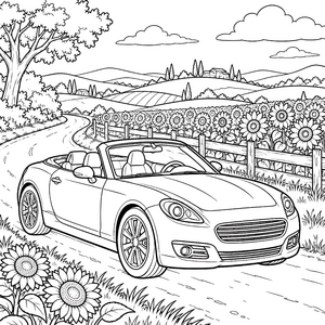 Glänzendes Cabrio im Sonnenblumenfeld Malvorlage für kleine Abenteurer