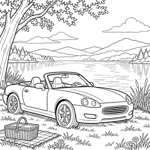 Idyllisches Cabrio am Seeufer Malbild für kreative Weltenbummler
