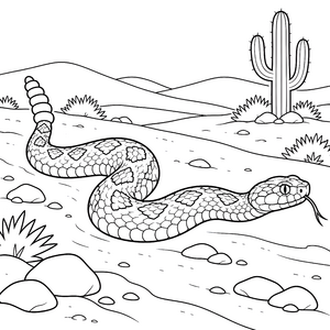 Wachsame Klapperschlange vor Saguaro Malbild für junge Spürnasen