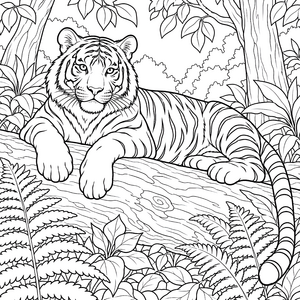 Ruhiger Tiger auf dem Baumstamm Malvorlage für mutige Naturfreunde
