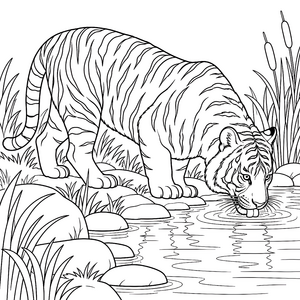 Durstiger Tiger am Uferrand Malbild für junge Wasserratten
