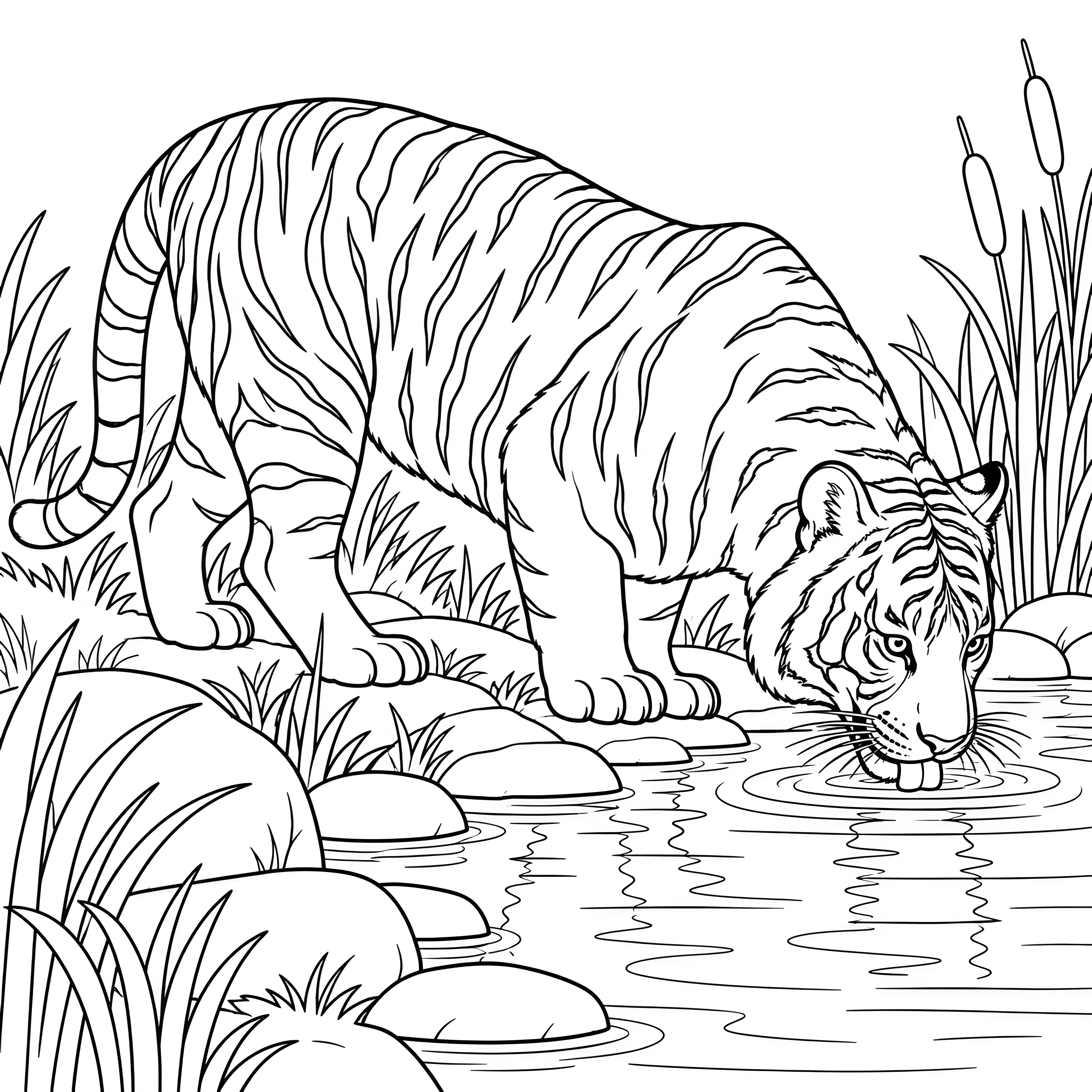 Durstiger Tiger am Uferrand Malbild für junge Wasserratten