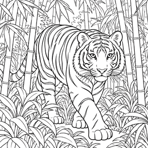Mächtiger Tiger im Bambuswald Ausmalbild für junge Abenteurer