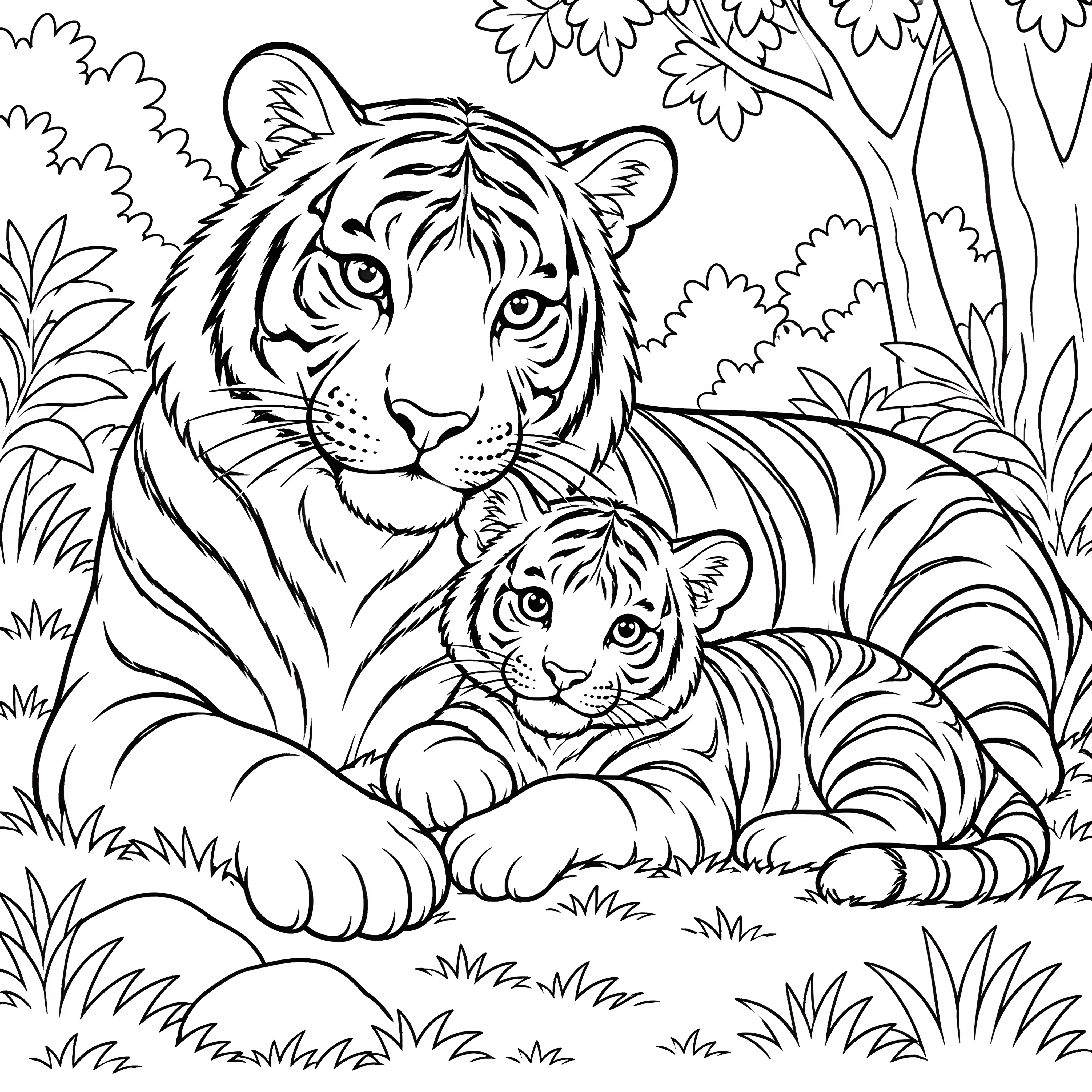Sanfter Tiger mit Tigerjunge Malvorlage für junge Tierfreunde